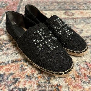 Tory Burch Pearl Logo Black Flats Espadrilles Willa Tweed Size 9